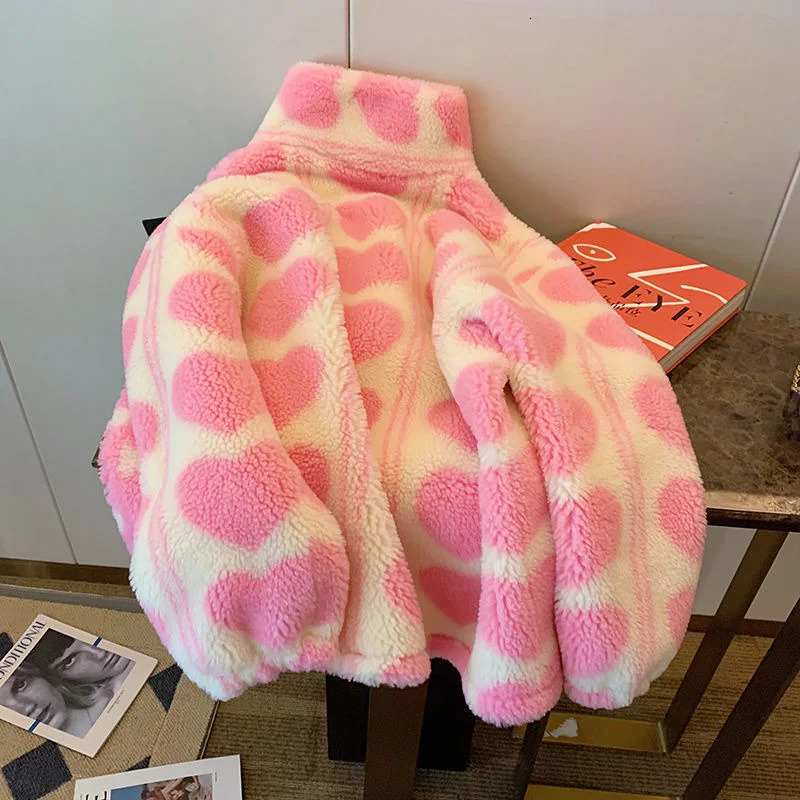 Winter Japanese Coats Korean Fashion Kawaii Lambswool Coats Pink Heart Shaped Womens Artificial Fur Teddy Jacket Coat Womens Coat 241112
