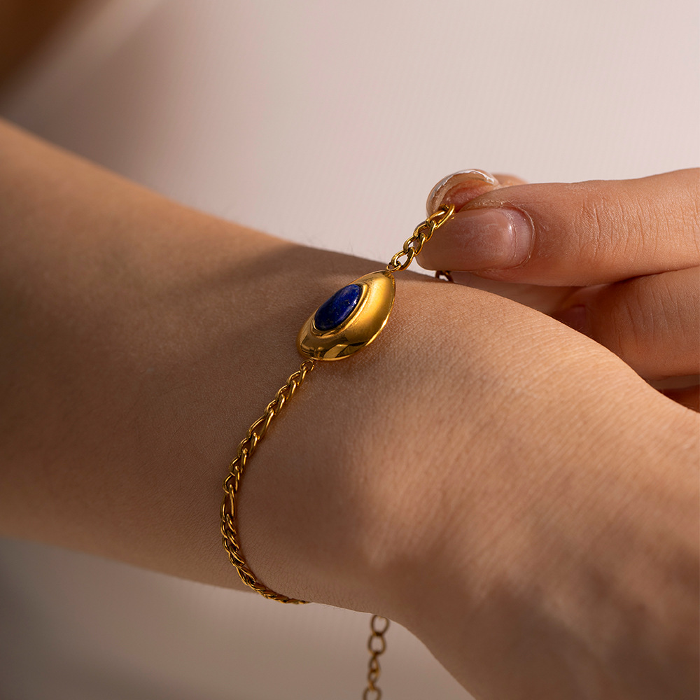 Minimalist Designer Bracelet for Women Plated 18k Gold Stainless Steel Lapis Lazuli Triangle Inlaid Lapis Lazuli Pendant Bracelet Wholesale of Daily J