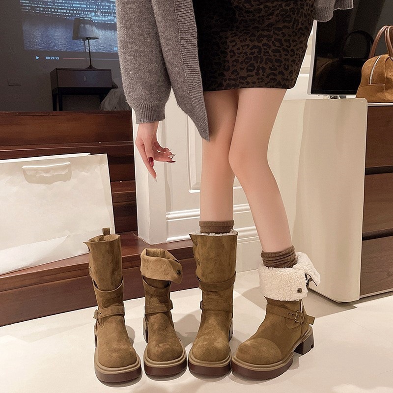 Women's Boots:Fashion Design Sense Retro Thick Sole Martin Boots Winter 2024 New Style,Khaki,Free shipping