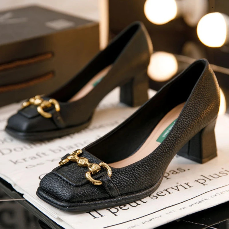 Womens Mid-heel 5.5CM Summer French Style Back Empty Female Thick Heel Square Toe Mary Jane Shoes Black Green Talon Femme 241112