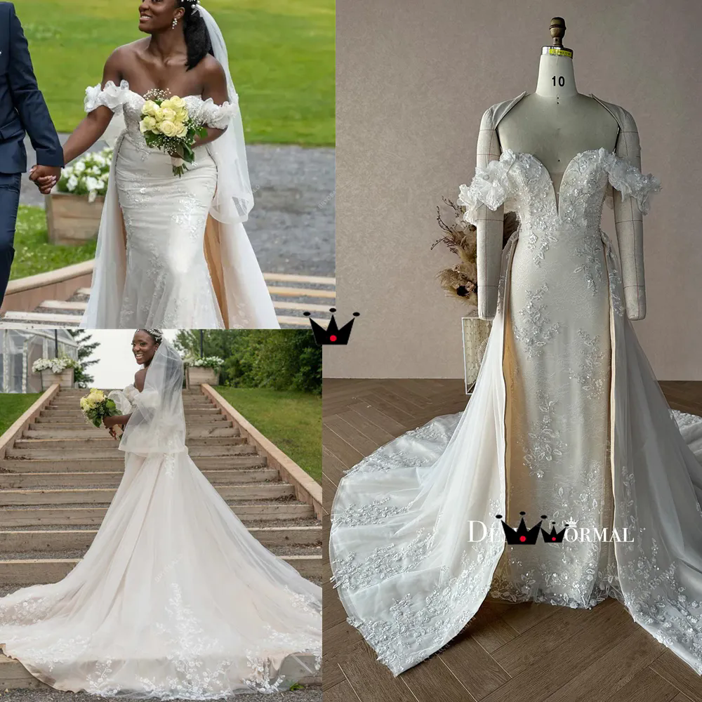 Luxury Aso Ebi Mermaid Wedding Dresses for Bride Plus Size Bridal Gowns with Detachable Train Overskirts Formal Women Brides Dress Plus Size Vestido D