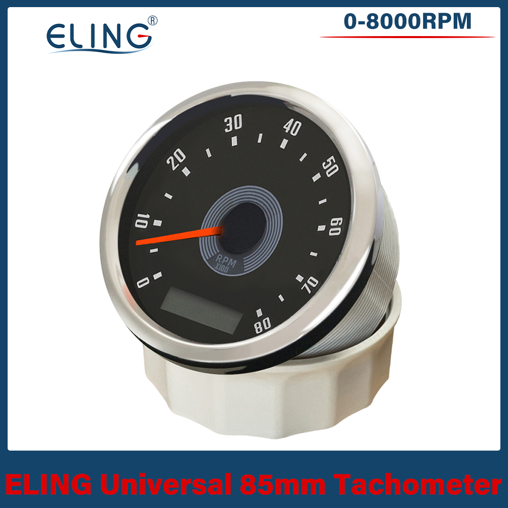 Waterproof 85mm Tachometer 0-8000RPM with LED Hourmeter Adjustable Red Yellow Backlight for Boat Car Motorcycle 12V 24V