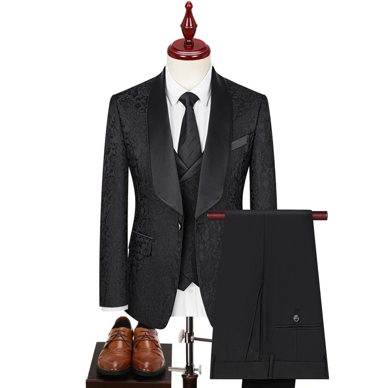 Lansboter Green Men Suit 3 Pieces Printed Striped With Lapel For Wedding Banquet Work Business Tuxedo Set Jacket Vest With Pants 241111