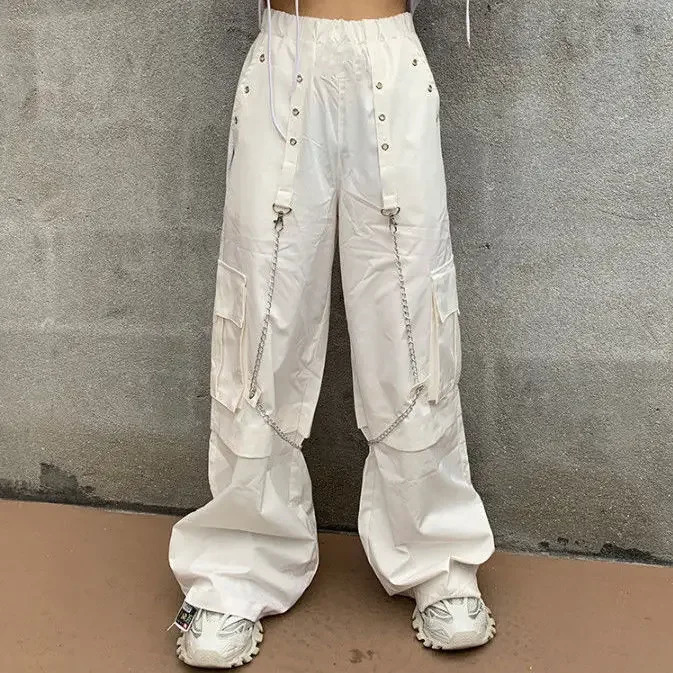 White Cargo Pants Women High Waist Harajuku Wide Leg Loose Fashion Casual Streetwear Chain Trousers Joggers Pantalones 241112