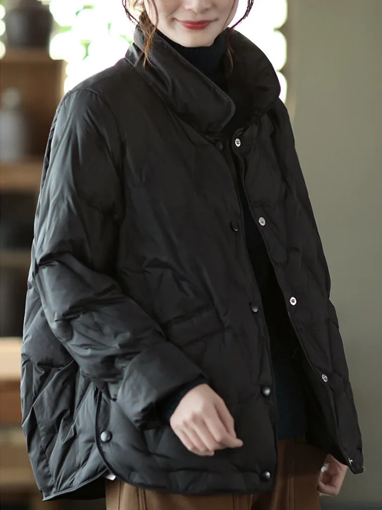 Autumn Winter Womens Single Chest Warm Short Puff Jacket Womens 90% White Duck Down Jacket Parka Chiffon Jacket 241112