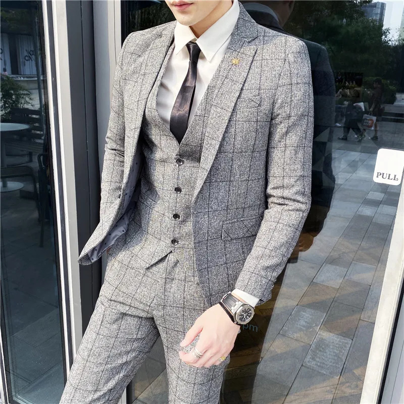 Blazer Vest Pants Stripe Plaid Mens Formal Business Office Suit Groom Wedding Dress Party Stage Host Men Korean Slim Tuxedo 240412