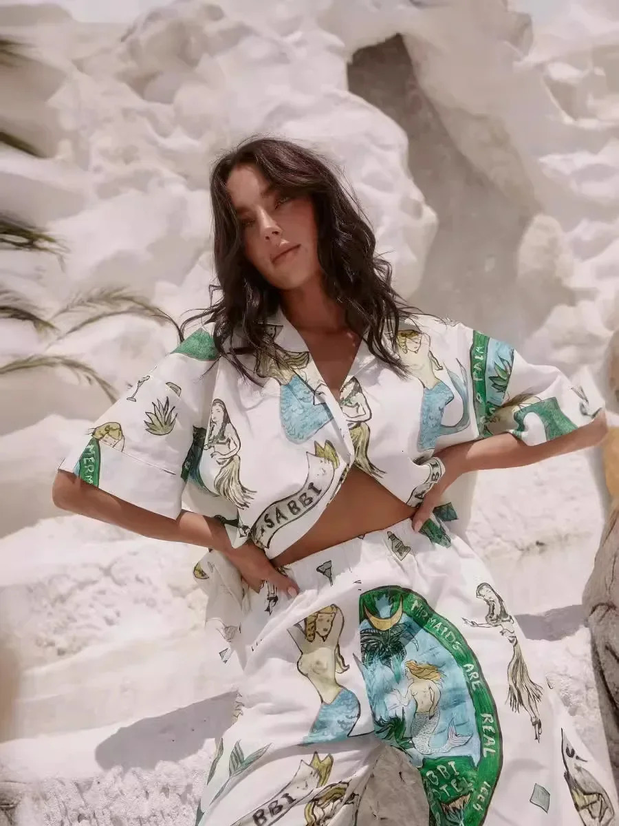 Short Sleeve Loose Pants Vintage Printed Graphic Casual Women Shirt Top Suits Summer Fashion Blouse 2 Piece Sets Outfits Holiday 241111