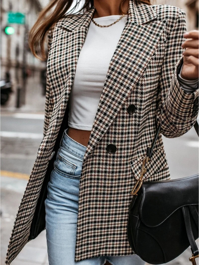 Plaid Blazer Jacket Women Spring Autumn Long Sleeve Casual Slim Blazers Khaki Woman Coats Fall Elegant Office Suit Coat 241112