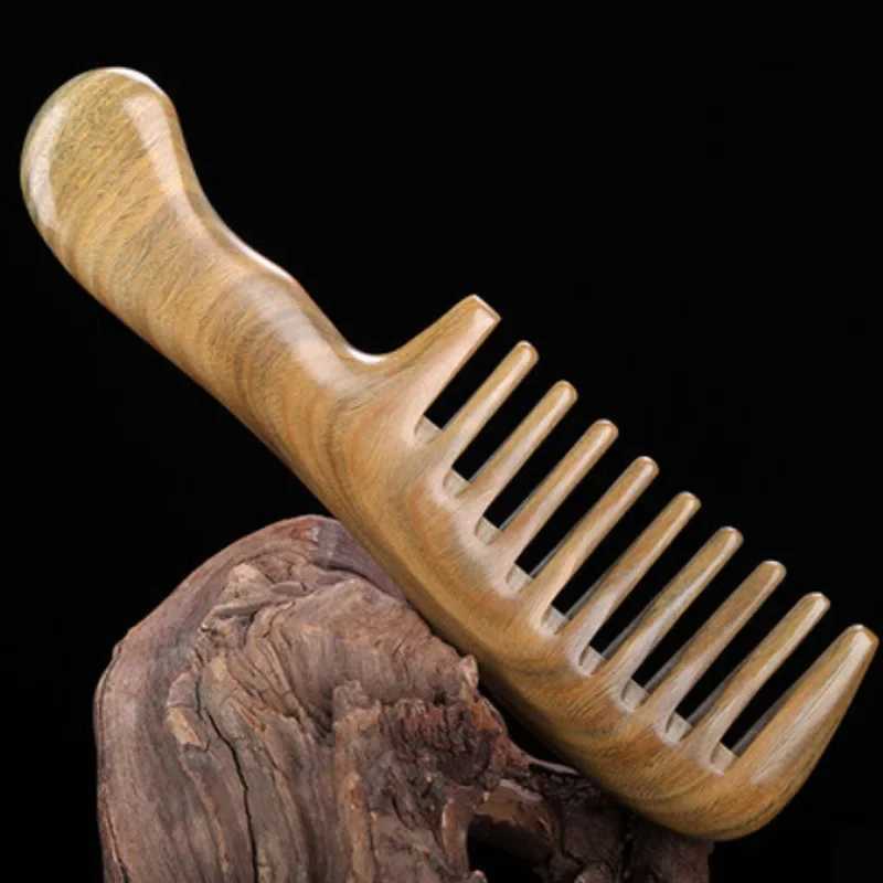 Natural Green Sandalwood Comb 9cm Long Handle Electric Comb Curling Straight Hair Natural Wooden Comb W241112