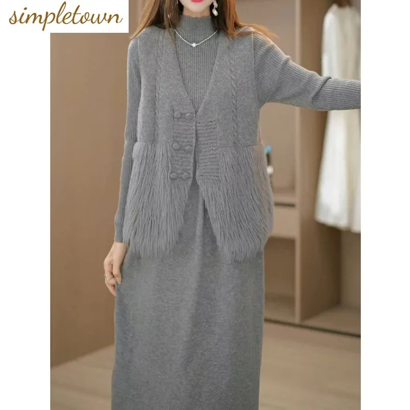Vest Knitted Dress Two Piece Set Autumn/Winter Weight Loss Sweater Elegant Womens Wear Set 241112