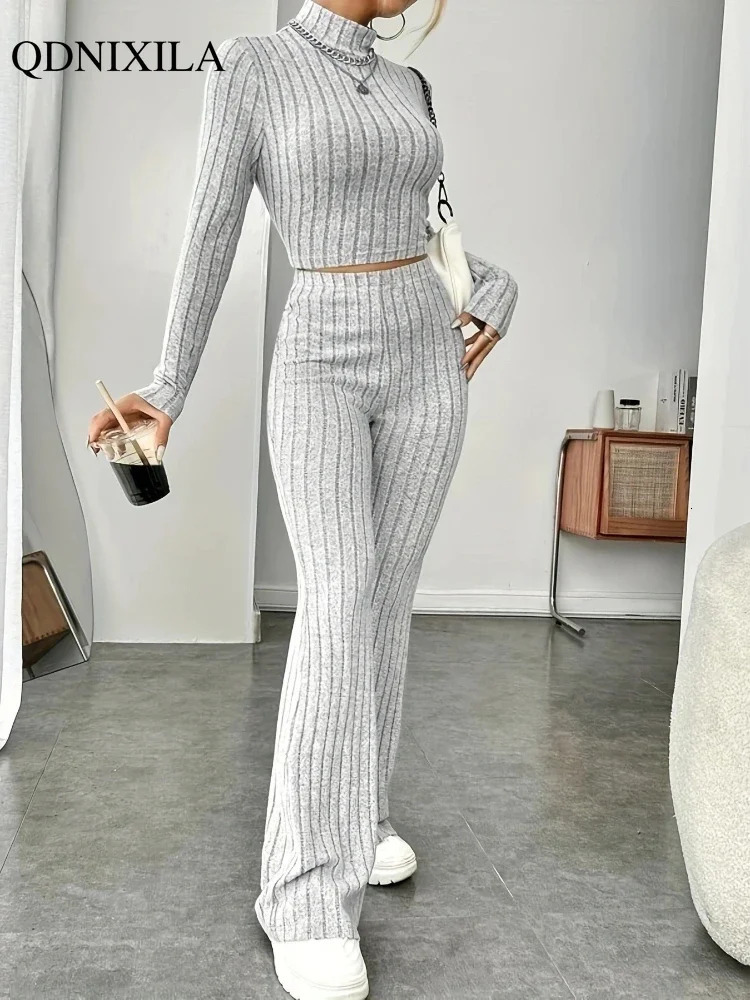 Elegant Womens Sets 2024 Autumn Hight Waist Casual Knit Pants Korean Fashion Turtleneck Pullover 2 Piece Set Outfit 241108