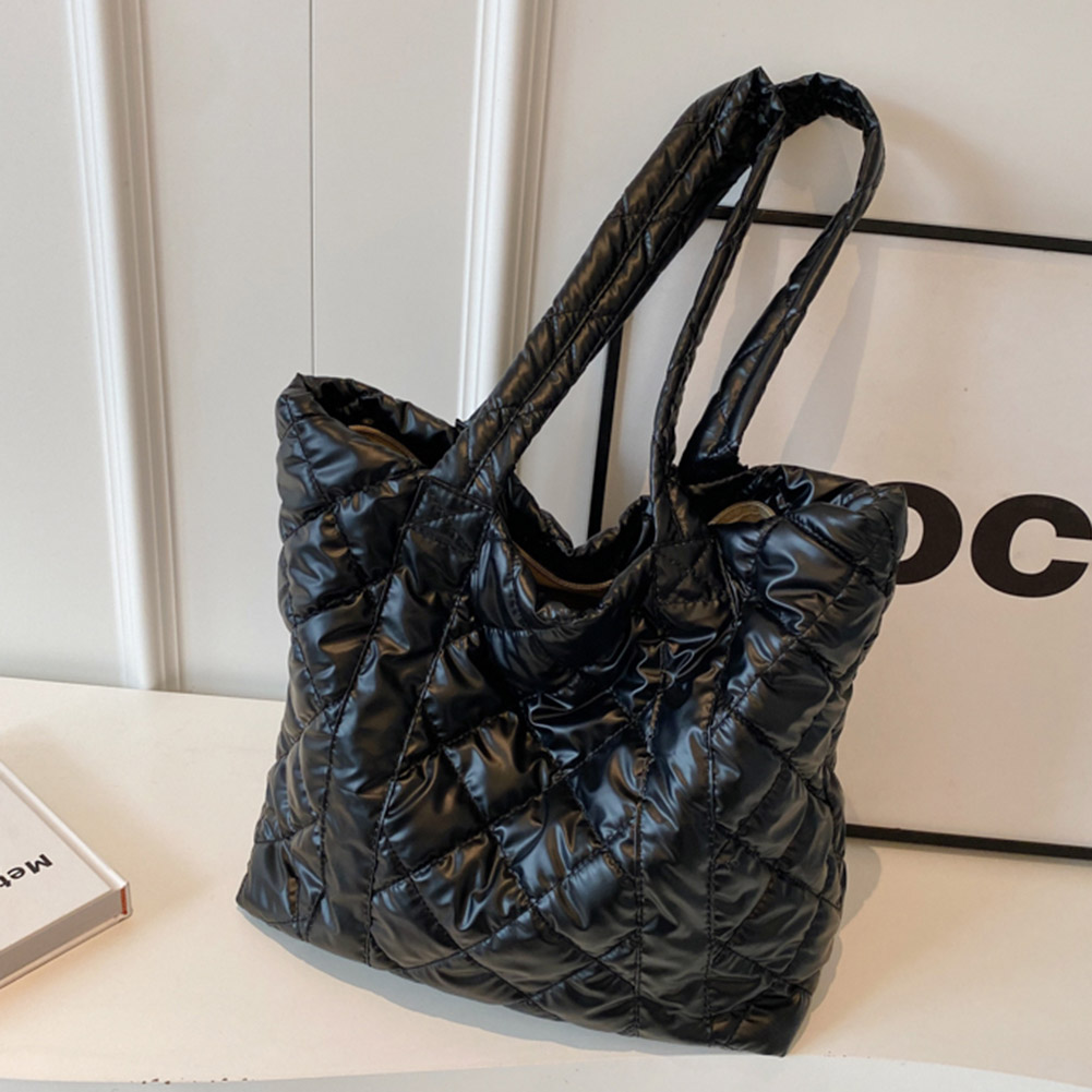 Women Padded Shoulder Bag Large Capacity Quilted Padded Bag Soft Lightweight Metallic Color Female Outdoor Shopping Bag