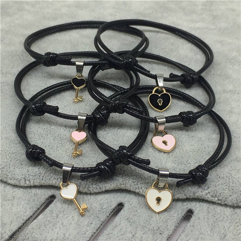 pcs set Couple Trendy Bracelet For Friend Lock Key Design Black Color Rope Jewelry 5