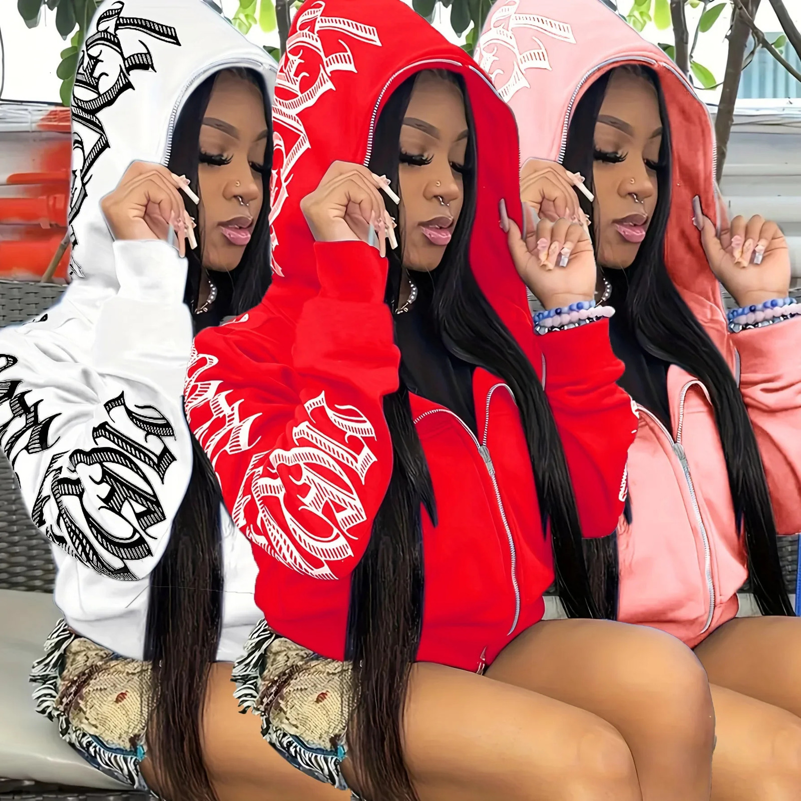 Letter Print Long Sleeve Zip Up Hoodies Cyber Y2K Gothic Punk Sweatshirt Womens Clothing 241112