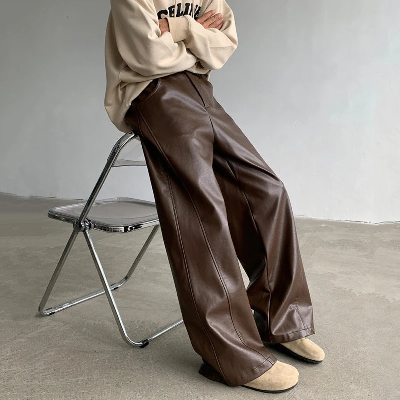 IEFB American Style Mens Pants Casual Pu Leather Solid Color Straight Wide Leg Streetwear Male Trousers Personalized 9C8060 241112