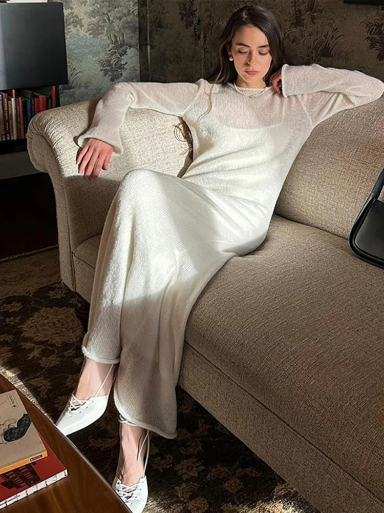 Strap Dress Set Womens Knitted Round Neck Elegant Solid Long Sleeve Womens Dress Fashion Hollow Set 2-piece Womens Dress 241112