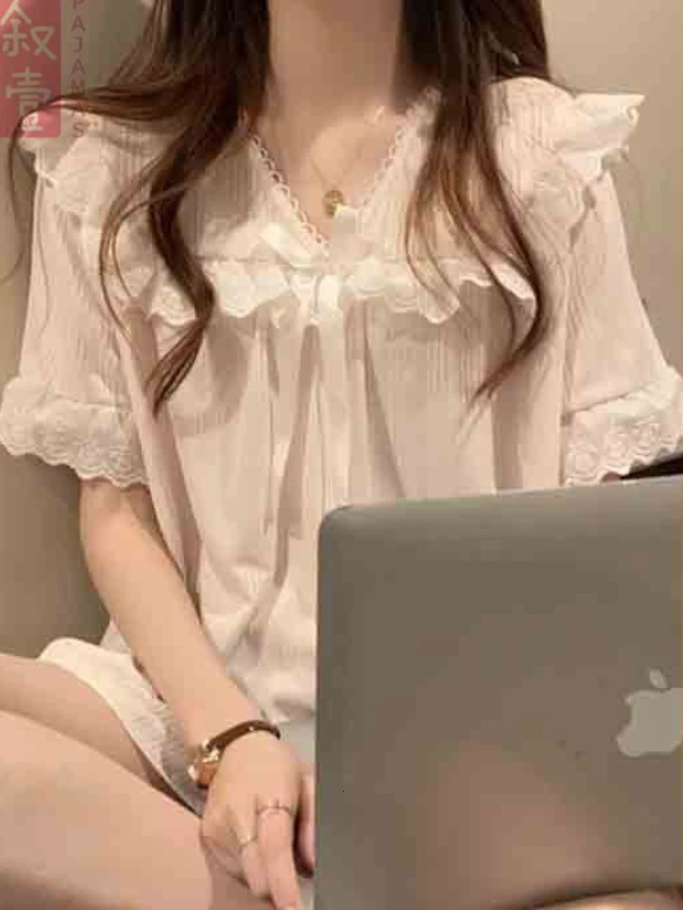 Pajama Set Womens Lace Sweet Bow Princess Loose Home 5-Color Fashionable Gentle Leisure Summer Japanese Style Retro Pajama Fashion 241112