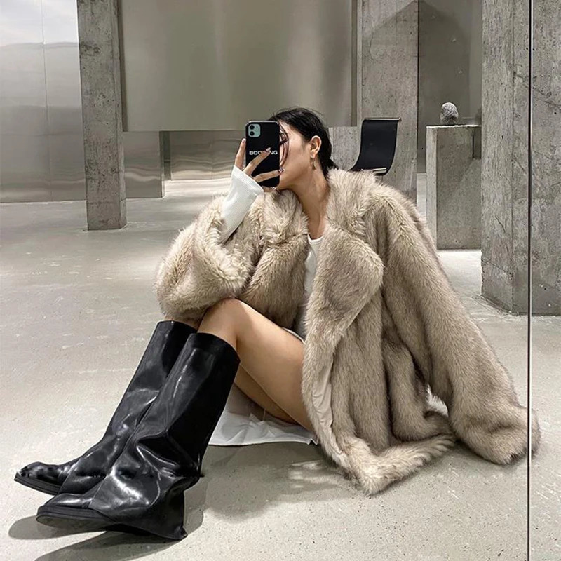 Artificial fox fur coat womens winter warm cardigan Lambswool medium long lapel loose plush coat oversized teddy jacket 241112