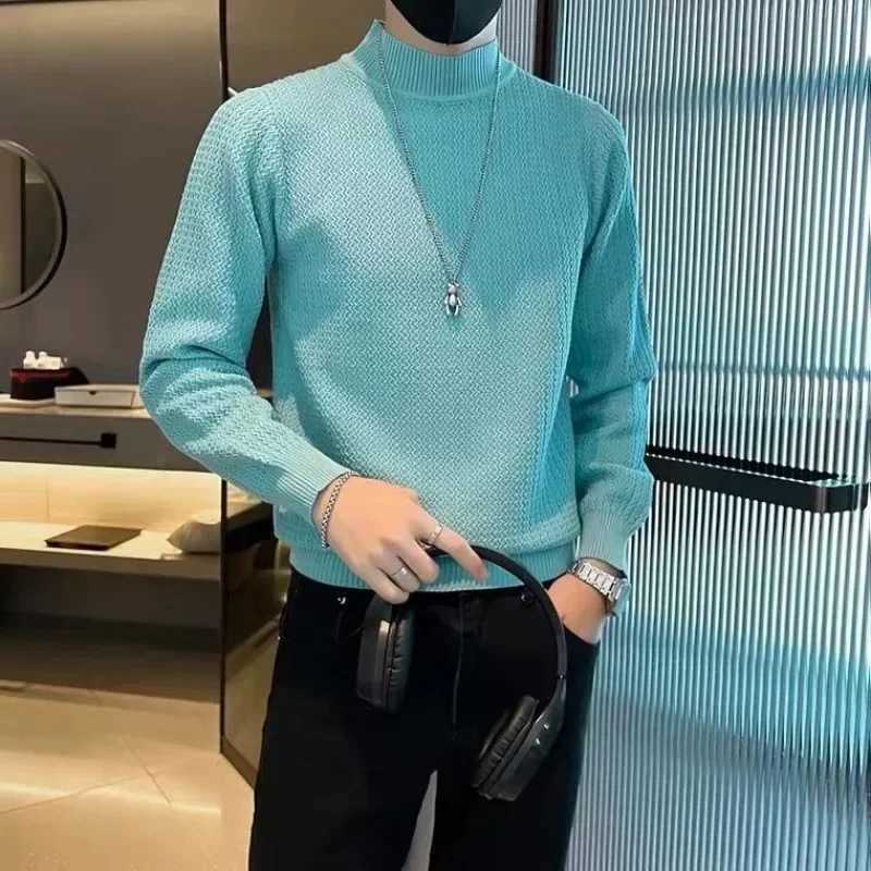 Mens solid color half neck knitted sweater mens clothing blue floral pattern turtle neck Korean autumn loose fit suitable for knitting W2411111