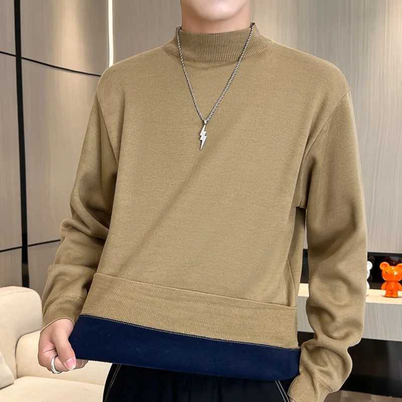 Mens casual slim fit basic warm half turtle neck knitted sweater mens white floral half neck autumn and winter top W2411111