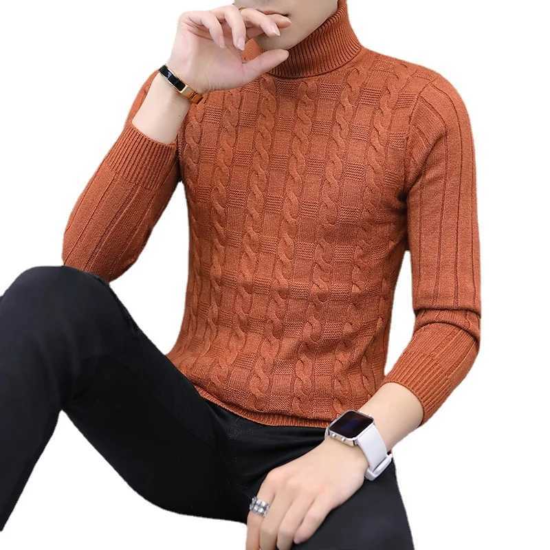 Mens casual solid color sweater long sleeved warm knit navy blue neck sweater mens clothing W2411111