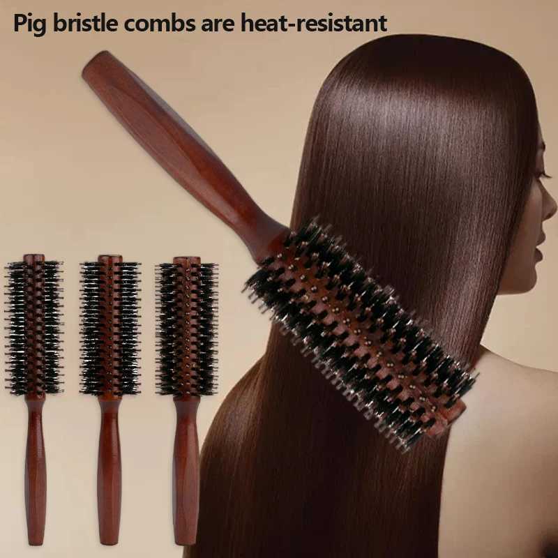 Pig Mane Solid Wood Curling Comb Square Handle Hair Styling Curling Comb Flat Curling Comb W241112