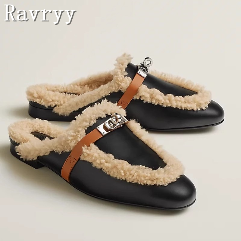 Metal Buckle Wrapped Toe Half Slippers Brand New Flat Platform Round Toe Suede Leather Fur Mules Ladies Winter Warm Shoes