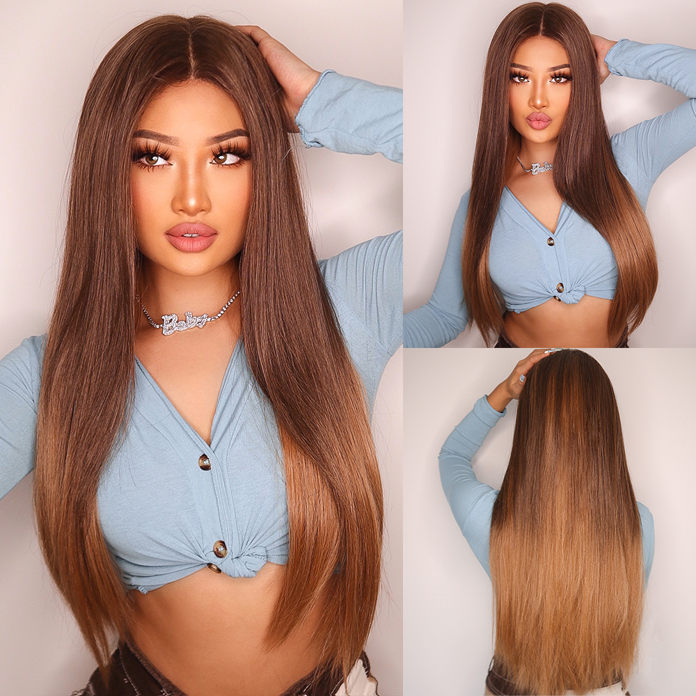 EASIHAIR Blonde Mixed Brown Lace Front Wigs Long Straight Natural Wigs for Women Silk Lace Frontal Synthetic Wig Heat Resistant 94216