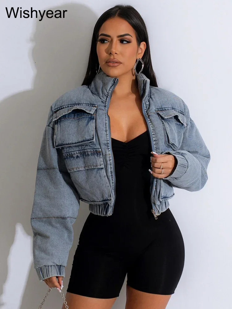 Autumn and winter standing collagen long sleeved streetwear jeans jacket club womens retro birthday pocket denim parkour jacket 241112