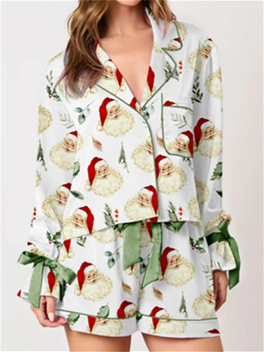 Women 2025 Christmas Pajama Set 2 Piece Button Down Shirt Nutcracker Satin Bow Santa Sleep Shorts Outfit Y2k Loungewear 241112