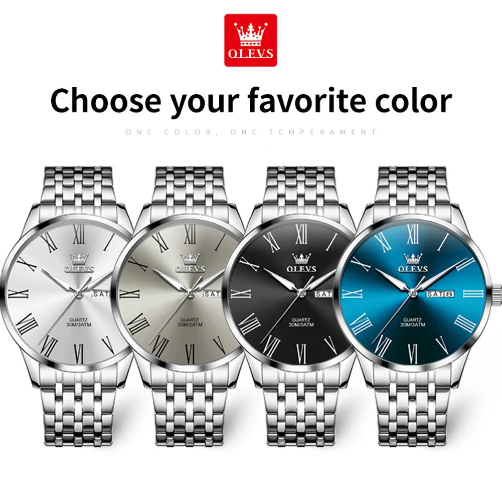 OLEVS original simple mens watch waterproof stainless steel quartz watch luminous date Roman scale mens watch 241112