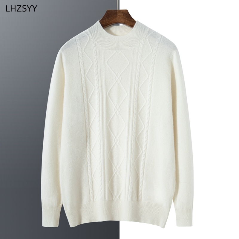 LHZSYY New Men's 100% Pure Cashmere Sweater Fall/Winter Half-high Neck Jacquard Pullovers Youth Plus Size Knit Base Shirt Tide c651d