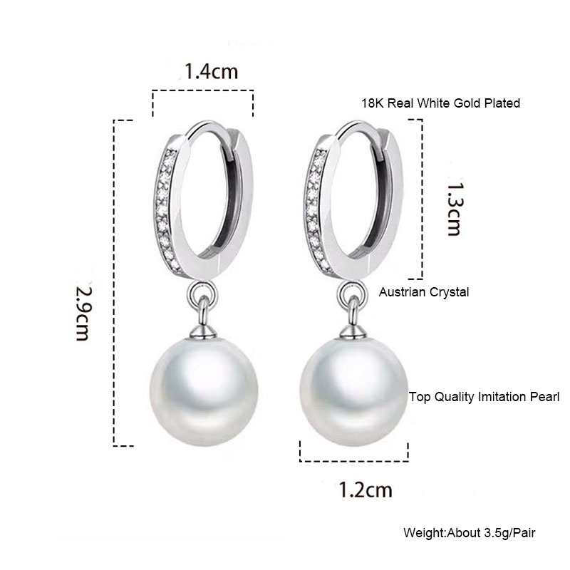Elegant Design White Pearl Dangel Earrings for Women 18K Real Gold Silver Plated Crystal Clip On Earrings Diamond Dangle Earrings Wedding Jewelry Gift