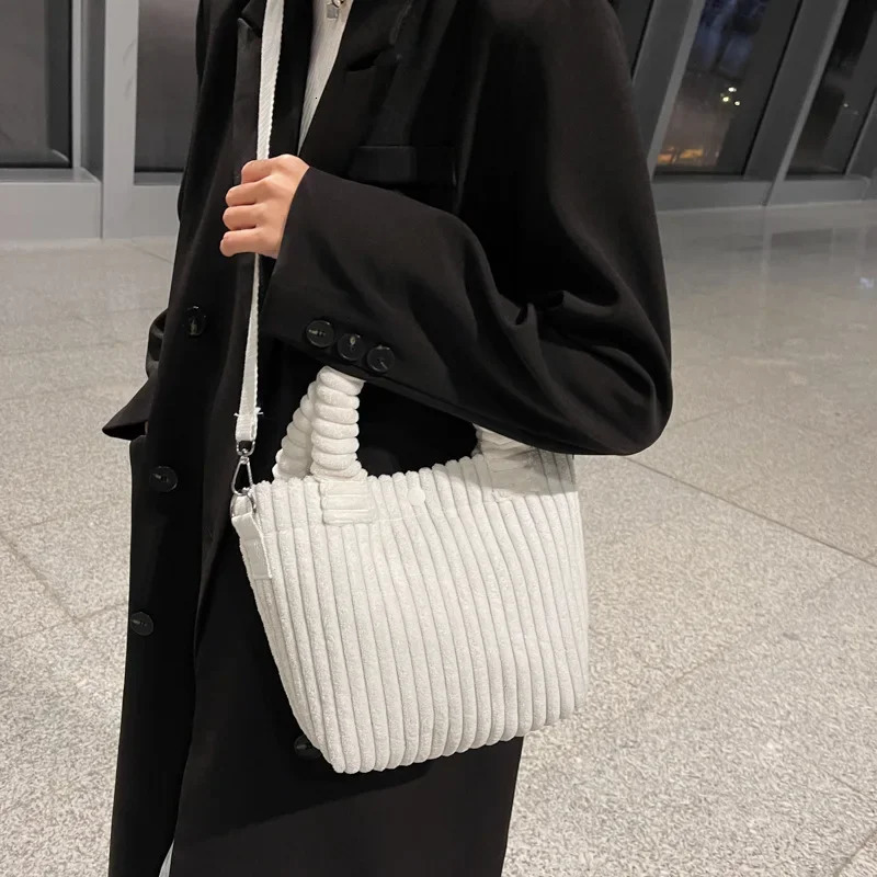 Fashion Corduroy Womens Bag Trend Handbags Niche Versatile Bucket Shoulder Bags Female Nylon Button Crossbody 241111