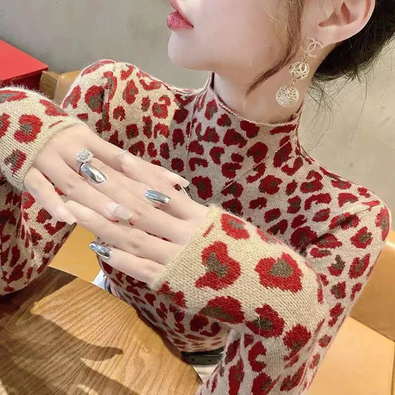 Autumn Winter Fashion All-match Leopard Print Sweaters Women Clothing Elegant Slim Half High Collar Long Sleeve Pullover Y2k Top 241111