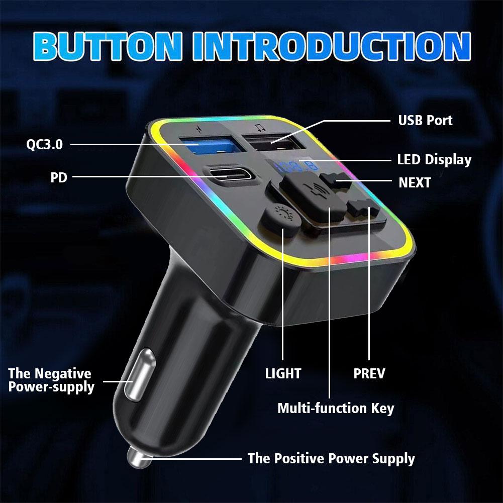 1 Pcs Bluetooth Car 5.0 FM MP3 Player Type-C Dual USB QC3.0 Fast Charging Vehicle Color Ambient Light FM Transmitter Car MP3 4ea21