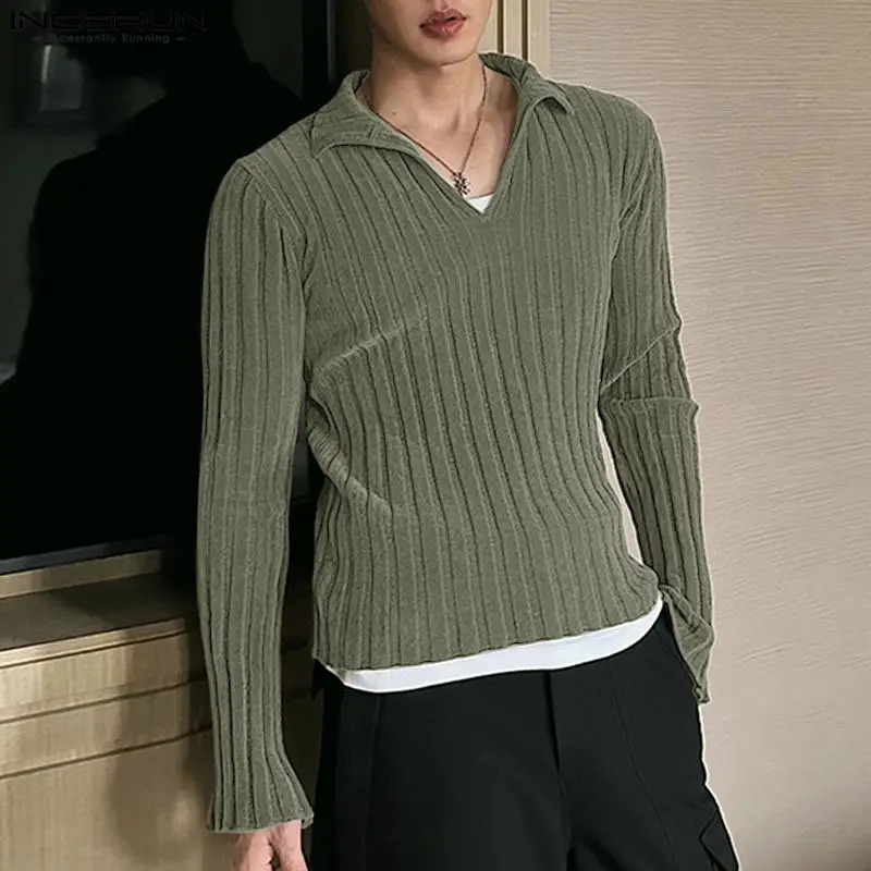 Mens Solid Color V-neck Shining Long Sleeve Street Clothing Mens Clothing Korean Fashion Casual T-shirt Top S-5XL INCERUN 241112