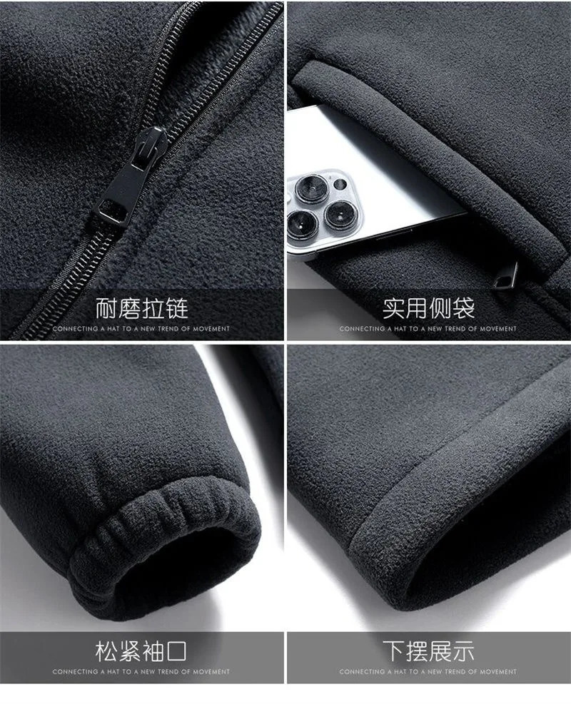 Winter Polar Fleece Thickened Men Coat Zipper Stand Collar Solid Color Casual Warm Pokect Outwear Men Jackets Tops 241111