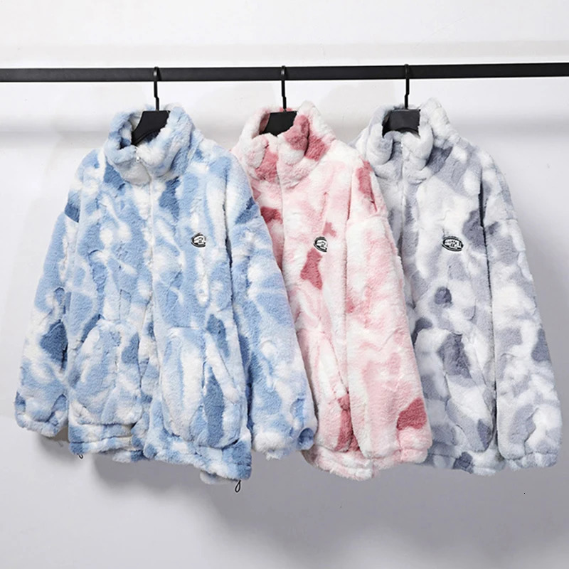 Womens Tie Dye Lamb Fleece Jacket Autumn Winter Zipper Outerwear Warm Plush Jackets Harajuku Casual Loose Female Thick Coat 241112