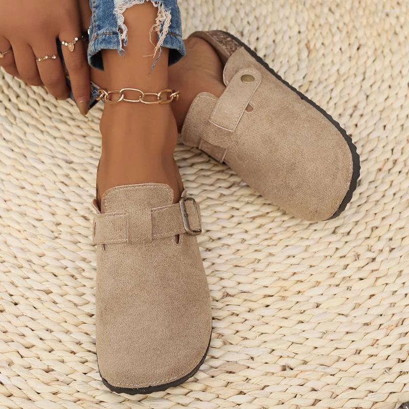 Slippers Women's Solid Color Flat Mules, Round Suede Clog Sandal,Casual Closed Toe Slip On Shoes, Comfortable Buckle Strap Design Shoes Fall Vint
