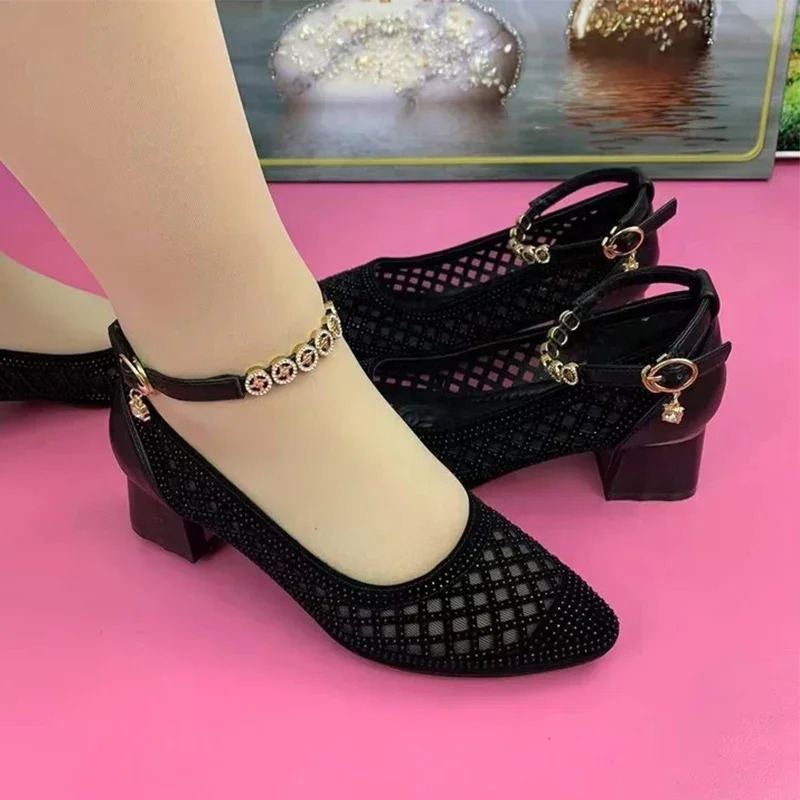 Crystal Knitted High Heels Womens Hollow Shoes 2024 Summer Fashion Dress Sandals Retro Womens Pump 241111