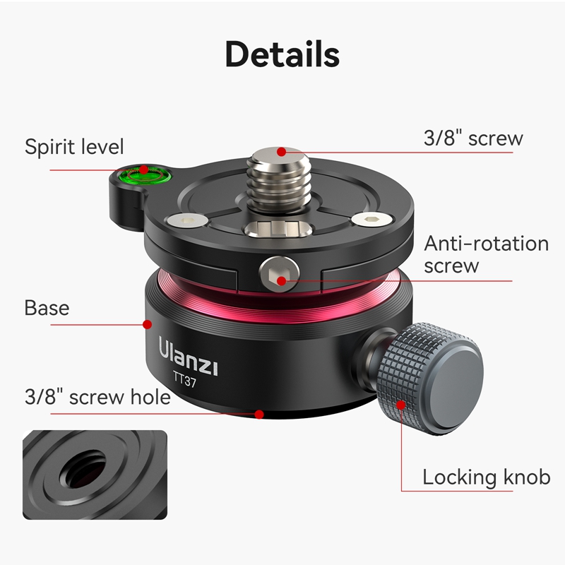 Ulanzi TT37 Mini Leveling Base Tripod Head Universal Horizontal Adjustment Mount Panoramic Head 3/8'' 1/4'' Screw for DSLR Shot