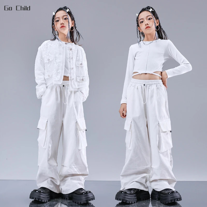 Girls Hip Hop Sequin Elegant Jacket Cargo Pants Street Dance Clothes Set Kids Jazz Sweatshirt Shorts Costume Children Streetwear 241112