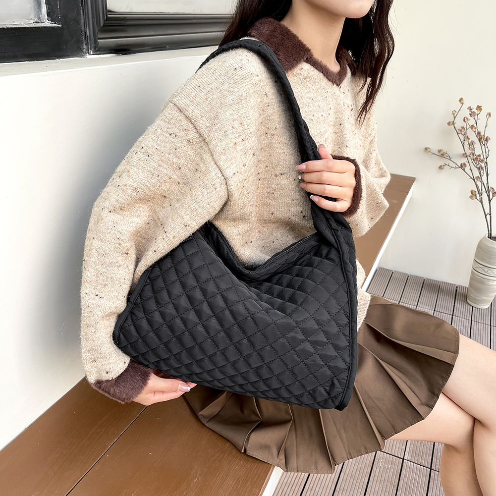 Lightweight Plain Check Bag Zipper Closure Women Quilted Handbag Underarm Bag Solid Color Big Capacity for Shopping Traveling