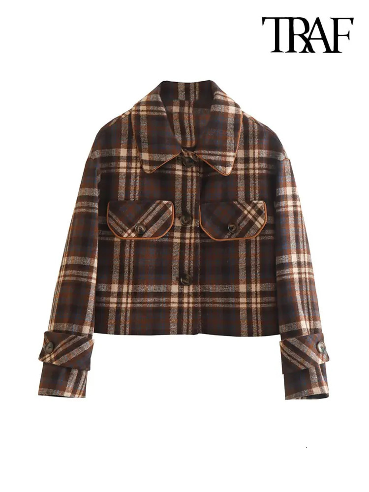 TRAF-Cropped Plaid Jacket for Women Long Sleeve Coat Button-up Female Outerwear Chic Tops Fashion 241112