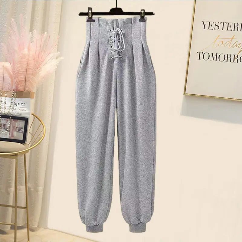 Korean Autumn Long Sleeve Tshirt High Waist Lace Casual Harun Trousers Two Piece Elegant Womens Pants Set 241108