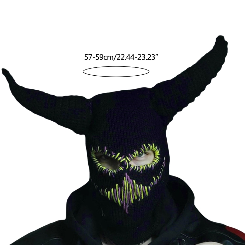 Devil Horns Beanie Knit Hats Halloween Warm Winter Caps Sewed Mouth Scars Design Ski Mask Headwear for Adults Teens