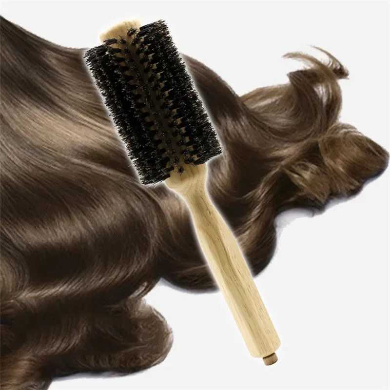 No. 6 Wooden Handle Pig Mane Round Brush Detachable Tail Professional Barber Salon Hairdressing Brush Round Comb W241112