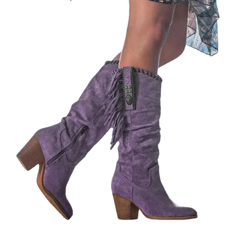 Women's Vintage Tassel Knee High Boots Autumn Faux Suede Square Heels Western Boots Women Pointed Toe Short Booties Plus Size 43