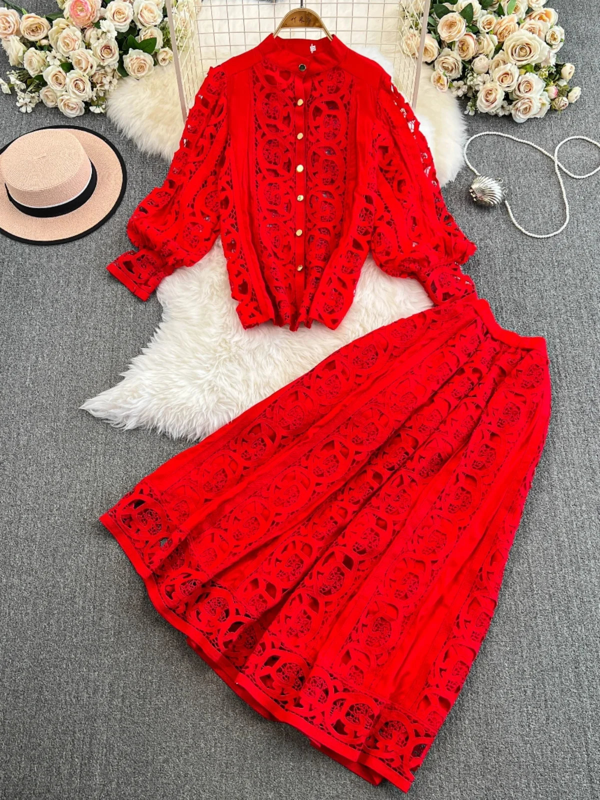 Fashion autumn lace two-piece dress set womens floral embroidery shirt white top Midi long skirt set 2-piece jacket 241112